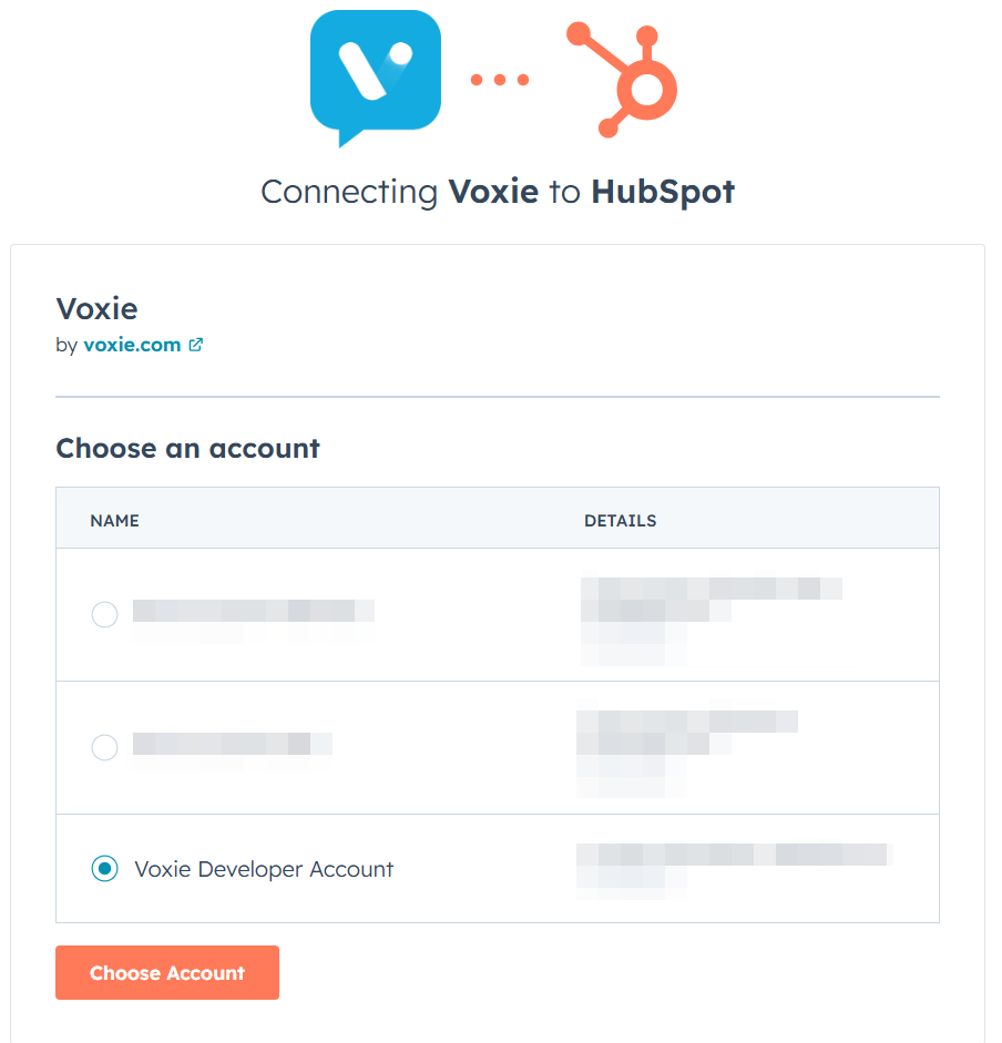 HubSpot account selection screen with the Choose Account button