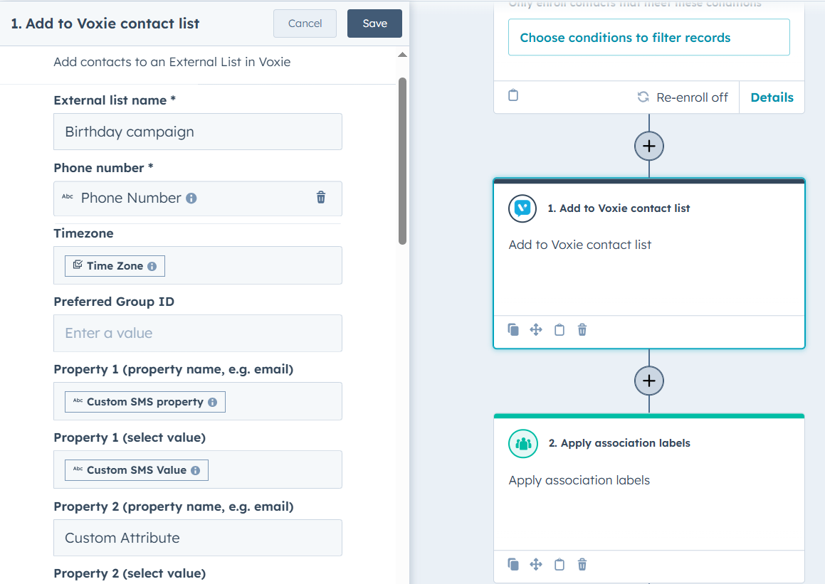 HubSpot Workflow configuration screen showing Voxie integration options