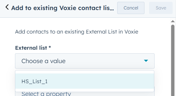 Voxie existing list selection menu showing synced External List names