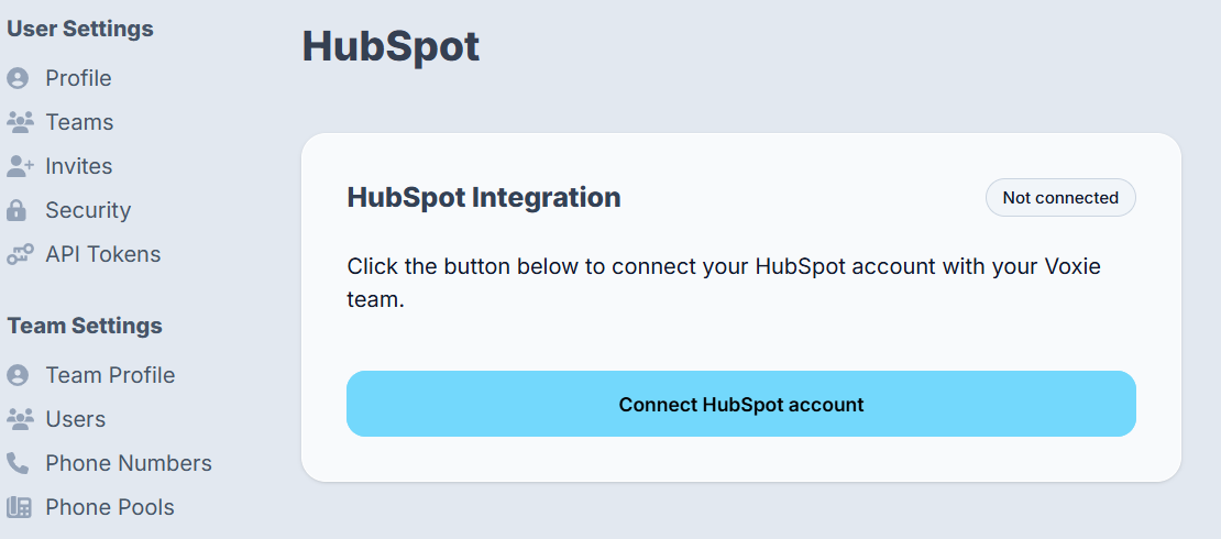 Voxie HubSpot connection page with the Connect HubSpot account button