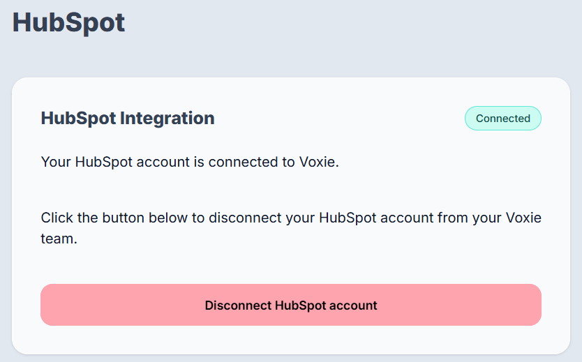Voxie HubSpot settings page showing the Disconnect HubSpot Account button