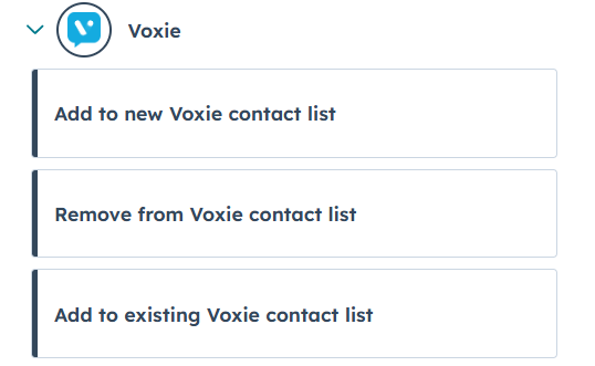 Voxie Workflow Actions showing the three available actions: Add to new Voxie contact list, Remove from Voxie contact list, and Add to existing Voxie contact list